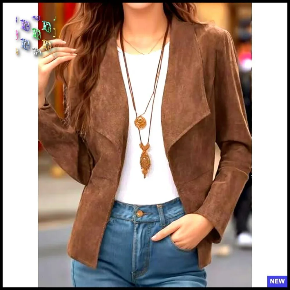 Faux Suede Blazer Cropped Jacket Lapel Collar Long Sleeve Vintage Elegant
